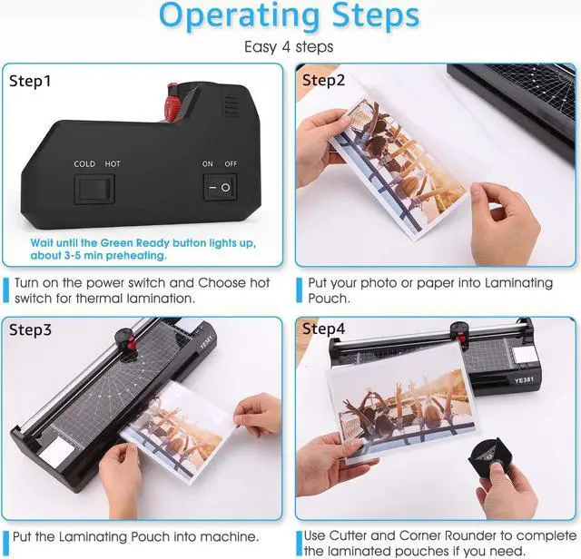 Alt view image 6 of 7 - Laminator Machine for A3/A4/A6, YE381 Thermal Laminating Machine for Home Office School Use with 50 Pouches, Paper Trimmer and Corner Rounder (Black-5) (Black-6)