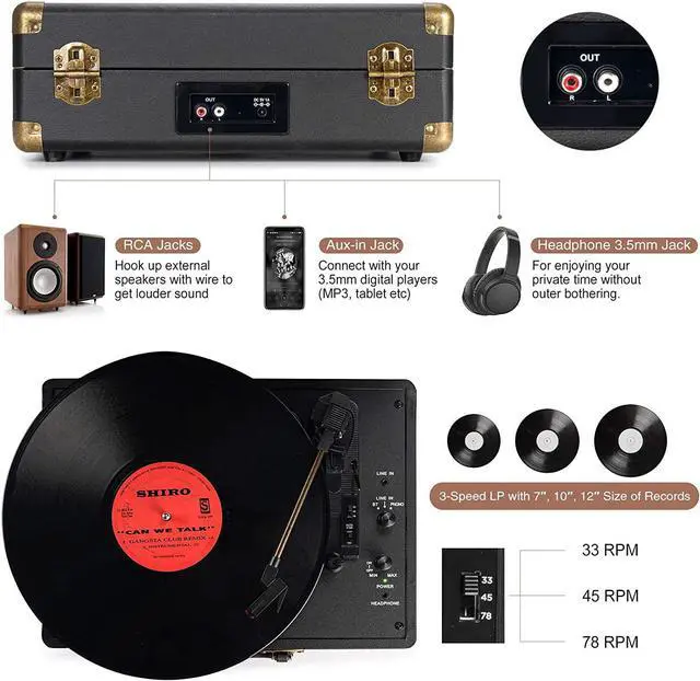 Alt view image 3 of 7 - Vinyl Record Player 3-Speed Bluetooth Suitcase Portable Belt-Driven Record Player with Built-in Speakers RCA Line Out AUX in Headphone Jack Vintage Turntable