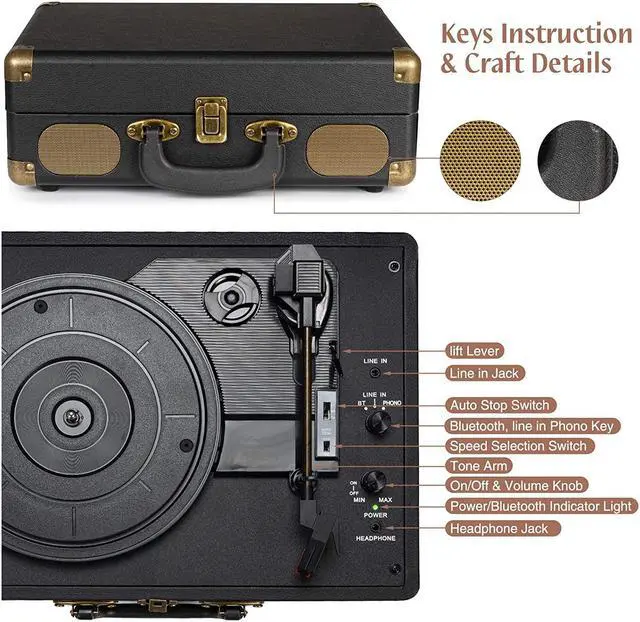 Alt view image 5 of 7 - Vinyl Record Player 3-Speed Bluetooth Suitcase Portable Belt-Driven Record Player with Built-in Speakers RCA Line Out AUX in Headphone Jack Vintage Turntable