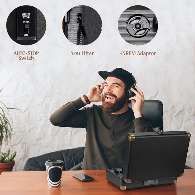 Alt view image 6 of 7 - Vinyl Record Player 3-Speed Bluetooth Suitcase Portable Belt-Driven Record Player with Built-in Speakers RCA Line Out AUX in Headphone Jack Vintage Turntable