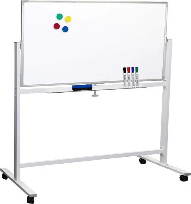Main image of Large 48"x32" White Board on Wheels: 1 Rrsible Magnetic Dry Erase with Rolling Stand, 4 Markers, Eraser, Magnets, Marker Tray (White) by DT