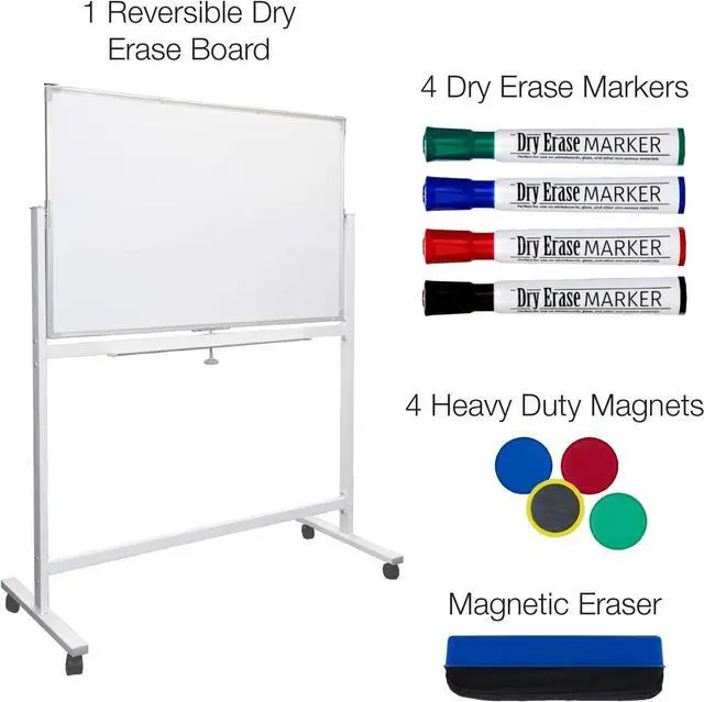 Alt view image 3 of 5 - Large 48"x32" White Board on Wheels: 1 Rrsible Magnetic Dry Erase with Rolling Stand, 4 Markers, Eraser, Magnets, Marker Tray (White) by DT