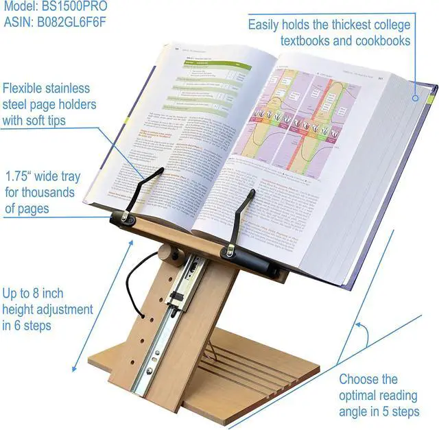 Alt view image 2 of 5 - BS1500PRO Large Portable Height Adjustable Foldable Eye-Level Ergonomic Bookstand Holder for Reading Hands Free Large Thick Heavy College Textbooks Tablets Neck Pain Free