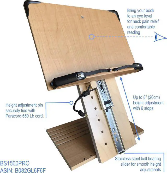 Alt view image 4 of 5 - BS1500PRO Large Portable Height Adjustable Foldable Eye-Level Ergonomic Bookstand Holder for Reading Hands Free Large Thick Heavy College Textbooks Tablets Neck Pain Free