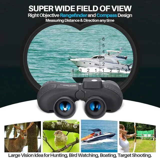 Alt view image 2 of 6 - 10x50 Marine Binoculars with Rangefinder for Adults - IPX7 Waterproof BAK4 Prism FMC Lens Binoculars with Compass and Shoulder Harness Strap for Navigation Hunting Bird Watching