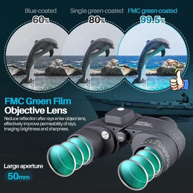 Alt view image 3 of 6 - 10x50 Marine Binoculars with Rangefinder for Adults - IPX7 Waterproof BAK4 Prism FMC Lens Binoculars with Compass and Shoulder Harness Strap for Navigation Hunting Bird Watching