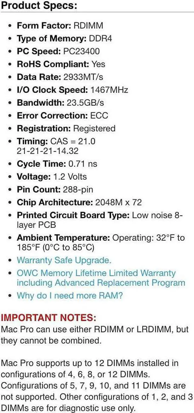 Alt view image 5 of 6 - 16 gb (1 x 16gb) pc23400 2933mhz ddr4 rdimm for mac pro 2019 models (macpro7,1)