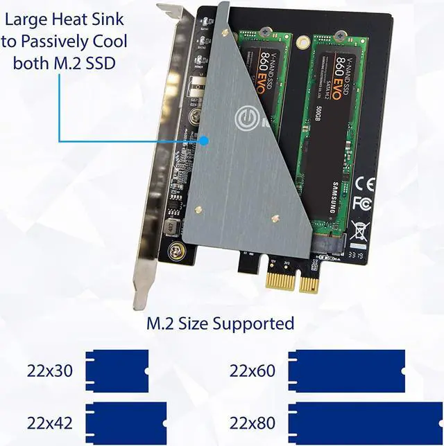 Alt view image 13 of 15 - Syba Dual M.2 B-Key PCI-e 3.0 x1 Adapter with Heatsink (SI-PEX40153)