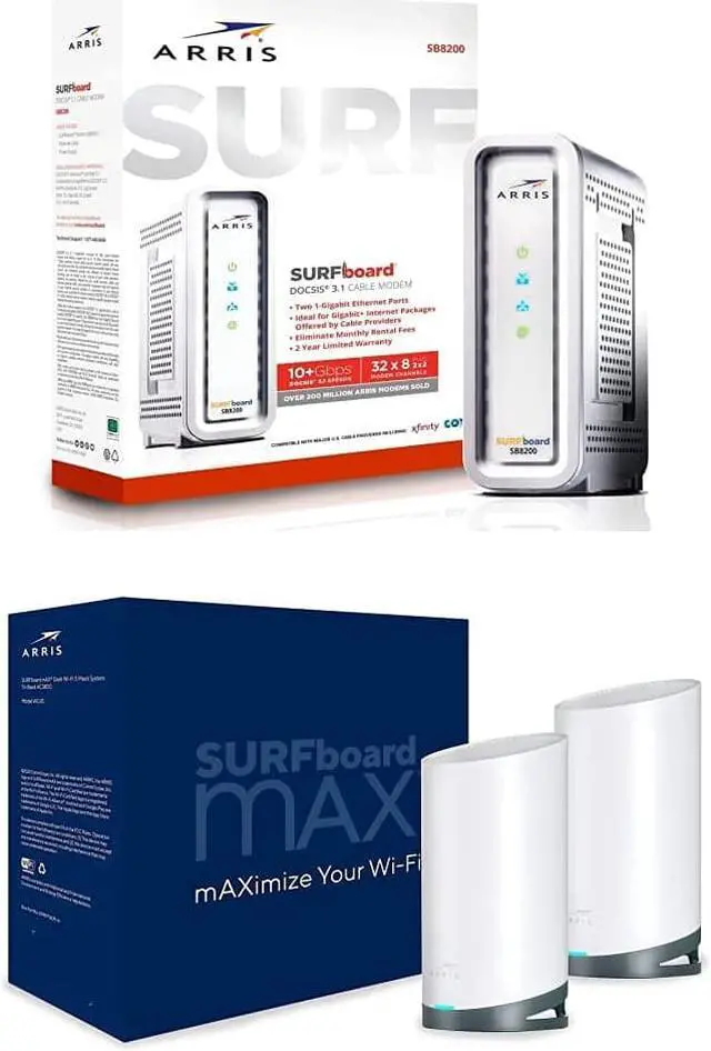 Main image of ARRIS Surfboard SB8200 DOCSIS 3.1 Modem and DC4S AC3800 WiFi 5 Mesh Tri-Band Router System