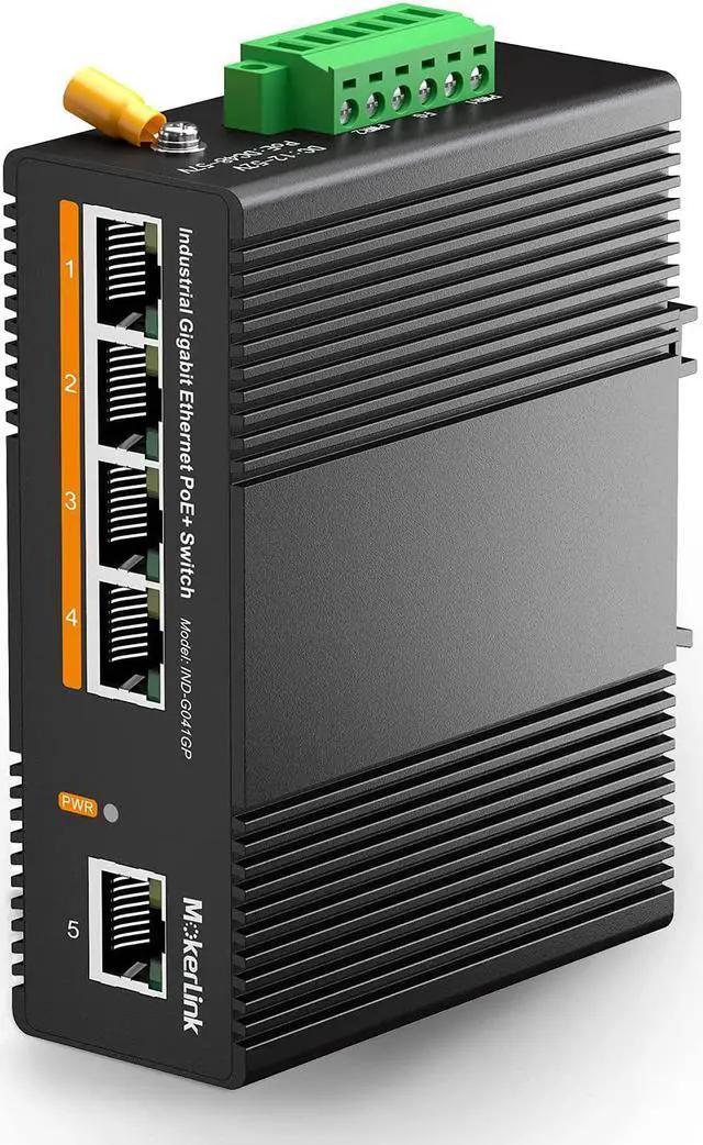 Main image of MokerLink 5 Port PoE Gigabit Industrial DIN-Rail Ethernet Switch, 14Gbps Switching Capacity, IP40 Rated Network Switch (-40 to 185°F), with UL Power Supply