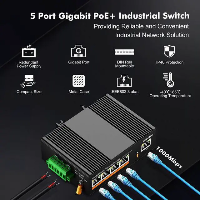Alt view image 2 of 7 - MokerLink 5 Port PoE Gigabit Industrial DIN-Rail Ethernet Switch, 14Gbps Switching Capacity, IP40 Rated Network Switch (-40 to 185°F), with UL Power Supply