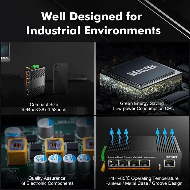 Alt view image 4 of 7 - MokerLink 5 Port PoE Gigabit Industrial DIN-Rail Ethernet Switch, 14Gbps Switching Capacity, IP40 Rated Network Switch (-40 to 185°F), with UL Power Supply