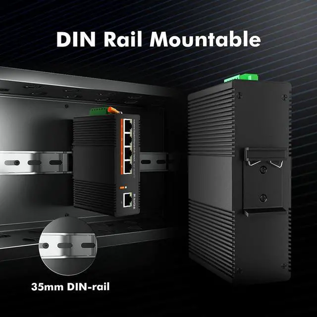 Alt view image 7 of 7 - MokerLink 5 Port PoE Gigabit Industrial DIN-Rail Ethernet Switch, 14Gbps Switching Capacity, IP40 Rated Network Switch (-40 to 185°F), with UL Power Supply