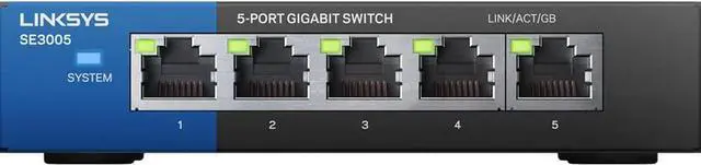 Main image of Linksys SE3005: 5-Port Gigabit Ethernet Unmanaged Switch, Computer Network, Auto-Sensing Ports Maximize Data Flow for up to 1,000 Mbps (Black, Blue)