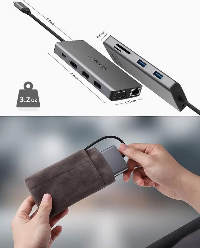 Alt view image 6 of 6 - USB C Hub, Type C Hub, TOTU 11-in-1 Adapter with Ethernet, 4K USB C to HDMI, VGA, 2 USB3.0 2 USB2.0, Micro SD/TF Card Reader, Mic/Audio, USB-C Pd 3.0, Compatible for Mac Pro and Other Type C Laptops