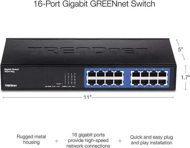 Alt view image 4 of 6 - TRENDnet 16-Port Unmanaged Gigabit GREENnet Desktop Metal Switch, Ethernet Splitter, Fanless,16 x RJ-45 Ports, 32 Gbps Forwarding Capacity, TEG-S16DG