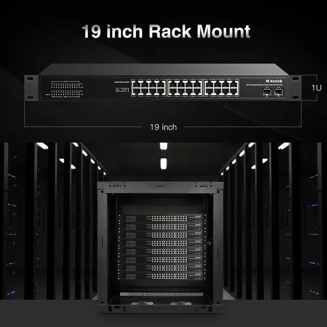 Alt view image 7 of 7 - 26 Port Gigabit PoE Switch, 24 Gigabit PoE+ Ports, 2 Gigabit SFP Uplink, 300W IEEE802.3af/at, Fanless Rackmount Unmanaged Plug and Play Ethernet Switch