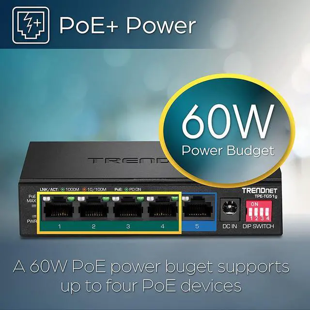 Alt view image 3 of 7 - TRENDnet 5-Port Gigabit PoE+ Switch, Camera DIP Switch extends PoE+ 200m (656 ft.), 60W PoE Budget,Lifetime Protection, Black, TPE-TG51g