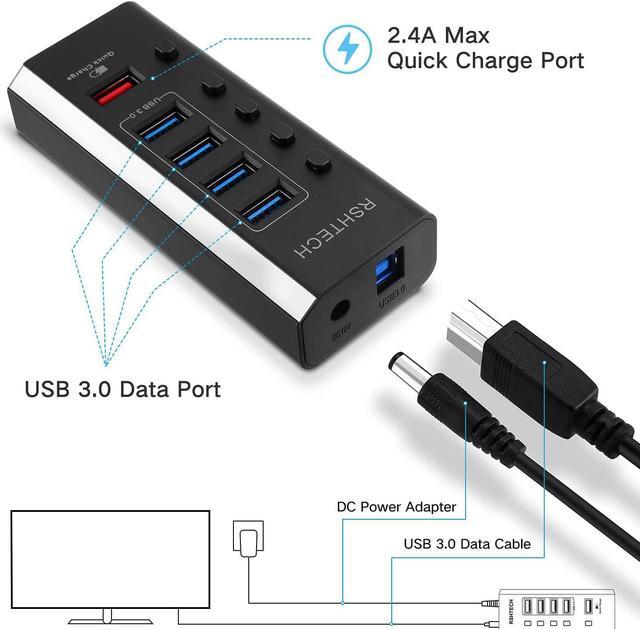 Alt view image 2 of 7 - Powered USB Hub, RSHTECH USB 3 Hub with 4 USB 3.0 Data Ports + 1 USB Fast Charging Port, USB Splitter with 24W(12V/2A) Power Adapter and Individual On/Off Switches(A35-Black)