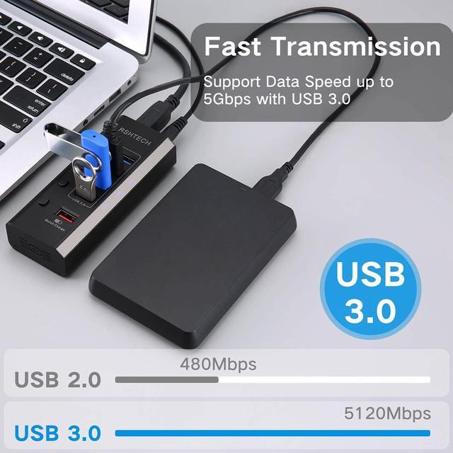 Alt view image 4 of 7 - Powered USB Hub, RSHTECH USB 3 Hub with 4 USB 3.0 Data Ports + 1 USB Fast Charging Port, USB Splitter with 24W(12V/2A) Power Adapter and Individual On/Off Switches(A35-Black)