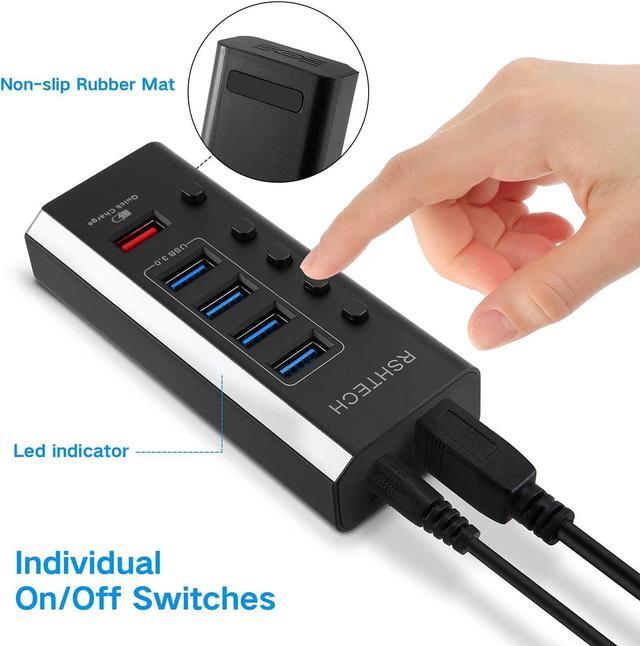 Alt view image 5 of 7 - Powered USB Hub, RSHTECH USB 3 Hub with 4 USB 3.0 Data Ports + 1 USB Fast Charging Port, USB Splitter with 24W(12V/2A) Power Adapter and Individual On/Off Switches(A35-Black)