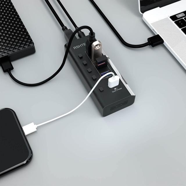 Alt view image 6 of 7 - Powered USB Hub, RSHTECH USB 3 Hub with 4 USB 3.0 Data Ports + 1 USB Fast Charging Port, USB Splitter with 24W(12V/2A) Power Adapter and Individual On/Off Switches(A35-Black)