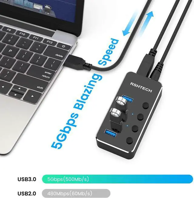 Alt view image 4 of 7 - RSHTECH Powered USB Hub, 4 Port USB 3.0 Hub Splitter Portable Aluminum USB Data Hub Expander with Individual On/Off Switch and Universal 5V AC Adapter, 3.3ft USB 3.0 Cable (RSH-516)