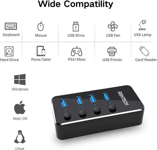Alt view image 5 of 7 - RSHTECH Powered USB Hub, 4 Port USB 3.0 Hub Splitter Portable Aluminum USB Data Hub Expander with Individual On/Off Switch and Universal 5V AC Adapter, 3.3ft USB 3.0 Cable (RSH-516)