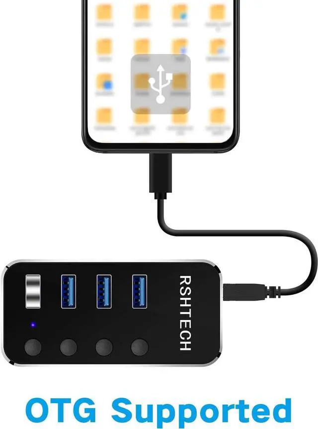 Alt view image 6 of 7 - Powered USB hub  4 Port USB C to USB 3.0 Port Hub Expander Aluminum Portable USB 3.0 hub Splitter with 5V AC Adapter and Individual On/Off Switches (RSH-516-C)