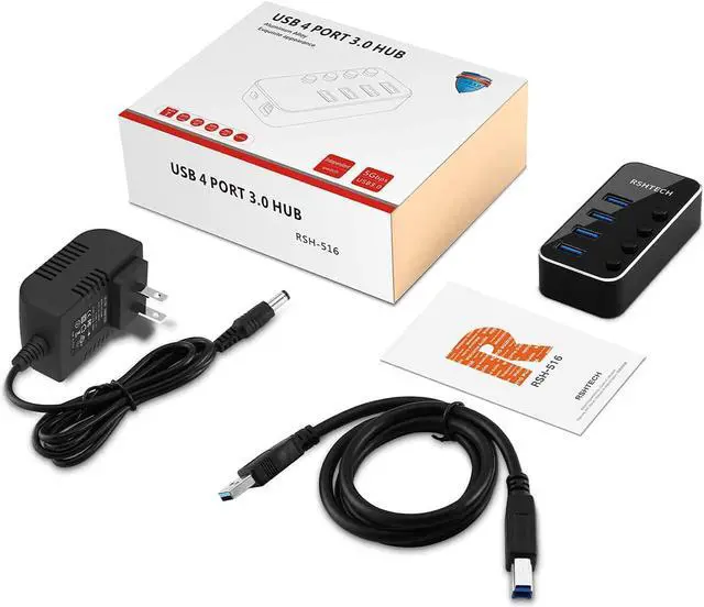 Alt view image 7 of 7 - RSHTECH Powered USB Hub, 4 Port USB 3.0 Hub Splitter Portable Aluminum USB Data Hub Expander with Individual On/Off Switch and Universal 5V AC Adapter, 3.3ft USB 3.0 Cable (RSH-516)