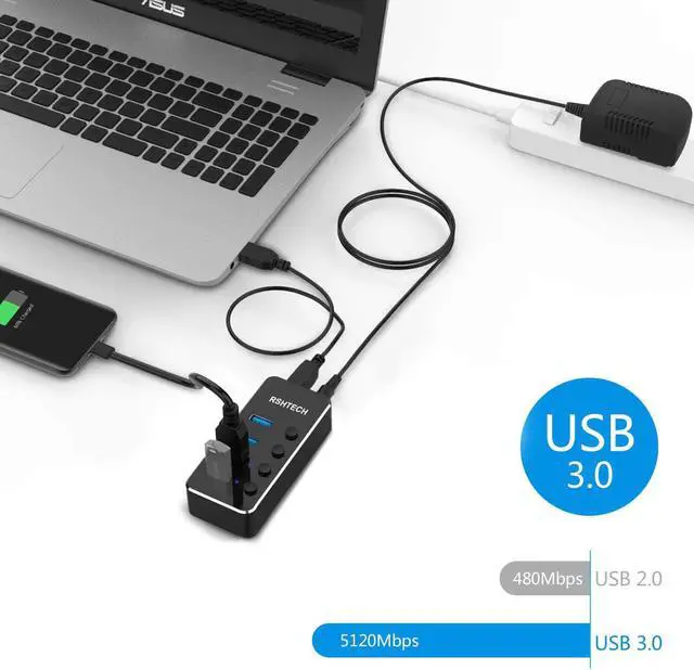 Alt view image 2 of 7 - RSHTECH Powered USB Hub, 4 Port USB 3.0 Hub Splitter Portable Aluminum USB Data Hub Expander with Individual On/Off Switch and Universal 5V AC Adapter, 3.3ft USB 3.0 Cable (RSH-516)