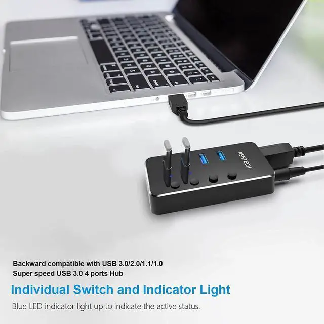 Alt view image 7 of 7 - Powered USB hub  4 Port USB C to USB 3.0 Port Hub Expander Aluminum Portable USB 3.0 hub Splitter with 5V AC Adapter and Individual On/Off Switches (RSH-516-C)