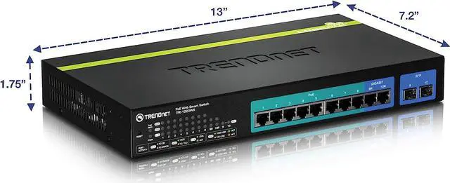Main image of TRENDnet 10-Port Gigabit Web Smart PoE+ Switch, 8 x PoE+ Gigabit Ports, 2 x Gigabit Ethernet Ports, 2 x Shared SFP Slots, 75W Total Power Budget, Rack Mountable, Lifetime Protection, Black, TPE-1020WS