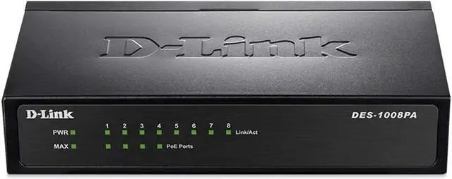 Main image of D-Link Fast Ethernet Switch, 8 Port Unmanaged w/ 4 PoE Ports (802.3AF) Desktop Network Internet 10/100 Plug n Play (DES-1008PA)
