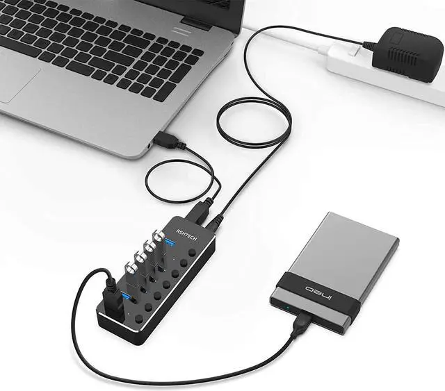 Alt view image 3 of 7 - USB 3.0 Hub, RSHTECH 7 Port Powered USB Hub Expander Aluminum USB 3.0 Data Port hub with Universal 5V AC Adapter and Individual On/Off Switches USB Splitter for Laptop and PC(Black)