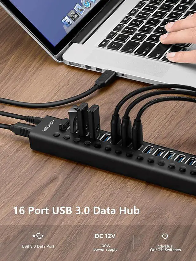 Alt view image 2 of 7 - Powered USB Hub Rosonway 16 Ports 100W USB 3.0 Data Hub Aluminum USB Hub 3.0 Splitter with 12V/8.3A UL Certified Power Adapter and Individual On/Off Switches RSH-A16 (Black)