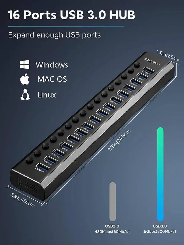 Alt view image 3 of 7 - Powered USB Hub Rosonway 16 Ports 100W USB 3.0 Data Hub Aluminum USB Hub 3.0 Splitter with 12V/8.3A UL Certified Power Adapter and Individual On/Off Switches RSH-A16 (Black)