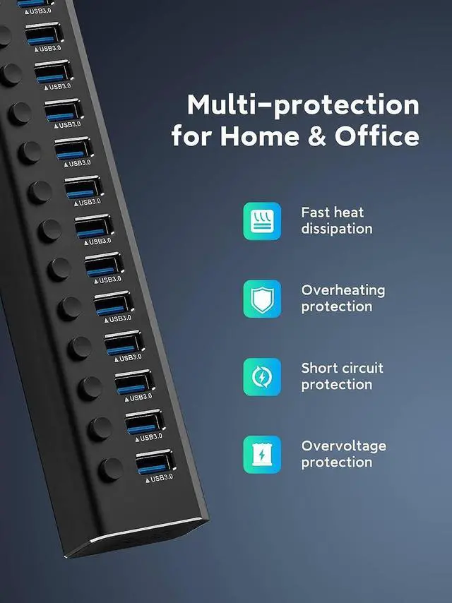 Alt view image 5 of 7 - Powered USB Hub Rosonway 16 Ports 100W USB 3.0 Data Hub Aluminum USB Hub 3.0 Splitter with 12V/8.3A UL Certified Power Adapter and Individual On/Off Switches RSH-A16 (Black)