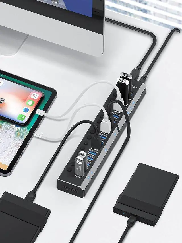 Alt view image 7 of 7 - Powered USB Hub Rosonway 16 Ports 100W USB 3.0 Data Hub Aluminum USB Hub 3.0 Splitter with 12V/8.3A UL Certified Power Adapter and Individual On/Off Switches RSH-A16 (Black)