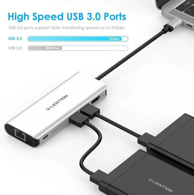 Alt view image 4 of 7 - LENTION USB C Hub with 4K HDMI, SD Card Reader, 2 USB 3.0, Type C Charging & Gigabit Ethernet Compatible 2023-2016 MacBook Pro, New Mac Air/Surface, More, Stable Driver Adapter (CB-C68, Silver)