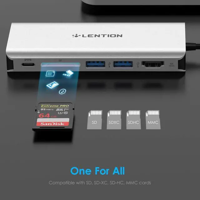 Alt view image 6 of 7 - LENTION USB C Hub with 4K HDMI, SD Card Reader, 2 USB 3.0, Type C Charging & Gigabit Ethernet Compatible 2023-2016 MacBook Pro, New Mac Air/Surface, More, Stable Driver Adapter (CB-C68, Silver)