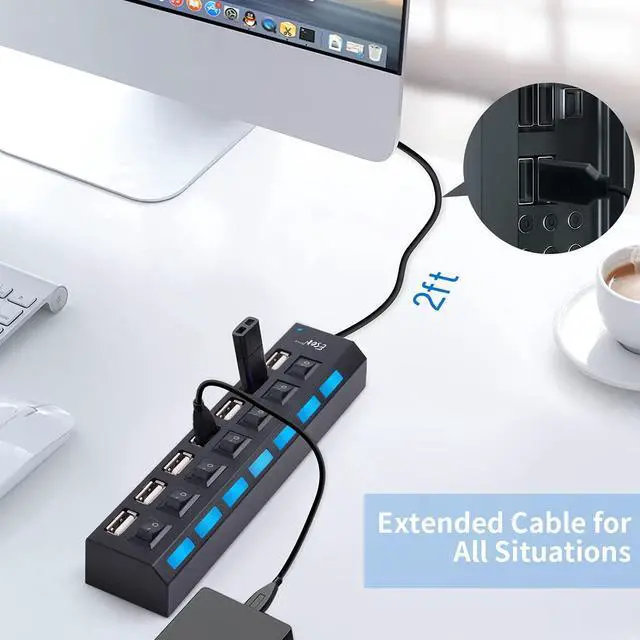 Alt view image 3 of 6 - 7-Port USB Hub USB 2.0 Hub Data Transfer with Individual Switches Indicator Lights for PC Laptop