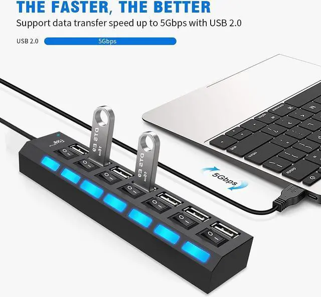 Alt view image 4 of 6 - 7-Port USB Hub USB 2.0 Hub Data Transfer with Individual Switches Indicator Lights for PC Laptop