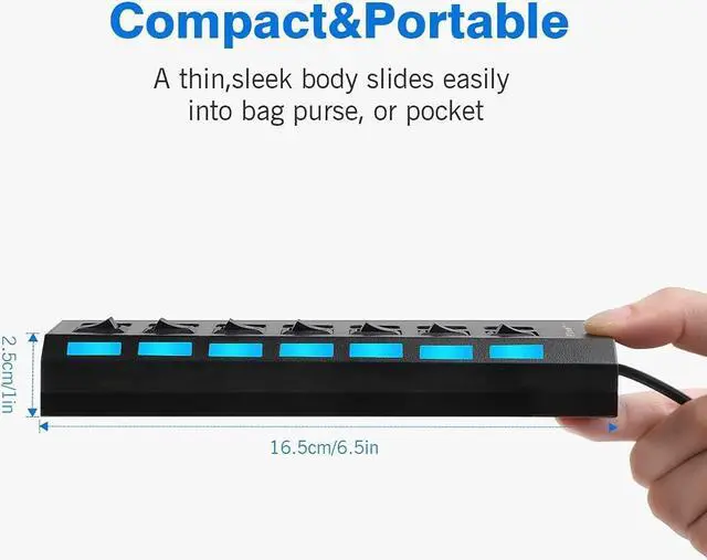 Alt view image 5 of 6 - 7-Port USB Hub USB 2.0 Hub Data Transfer with Individual Switches Indicator Lights for PC Laptop