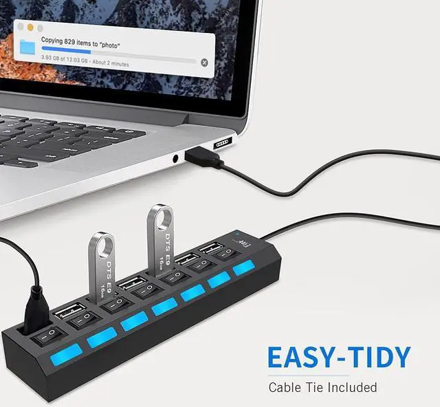 Alt view image 6 of 6 - 7-Port USB Hub USB 2.0 Hub Data Transfer with Individual Switches Indicator Lights for PC Laptop