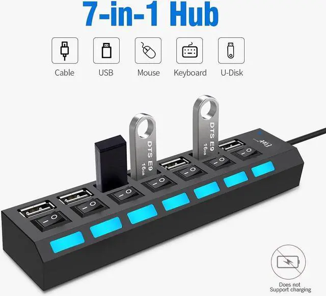 Alt view image 2 of 6 - 7-Port USB Hub USB 2.0 Hub Data Transfer with Individual Switches Indicator Lights for PC Laptop