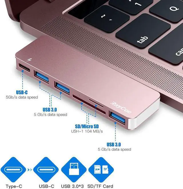 Alt view image 2 of 6 - USB C Hub Adapter for MacBook Pro/Air 2020 2019 2018, 6 in 1 USB-C Accessories Compatible with MacBook Pro 13 and 15 with 3 USB 3.0 Ports, TF/SD Card Reader, Power Delivery (Pink)