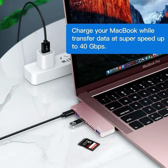 Alt view image 5 of 6 - USB C Hub Adapter for MacBook Pro/Air 2020 2019 2018, 6 in 1 USB-C Accessories Compatible with MacBook Pro 13 and 15 with 3 USB 3.0 Ports, TF/SD Card Reader, Power Delivery (Pink)