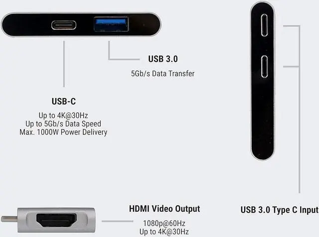 Alt view image 3 of 4 - HomeSpot 3-in-1 USB Type-C Hub for MacBook Pro 13"/15" MacBook Air with Case on HDMI 4K Video Output & USB 3.0 Port Ultra Slim - Silver
