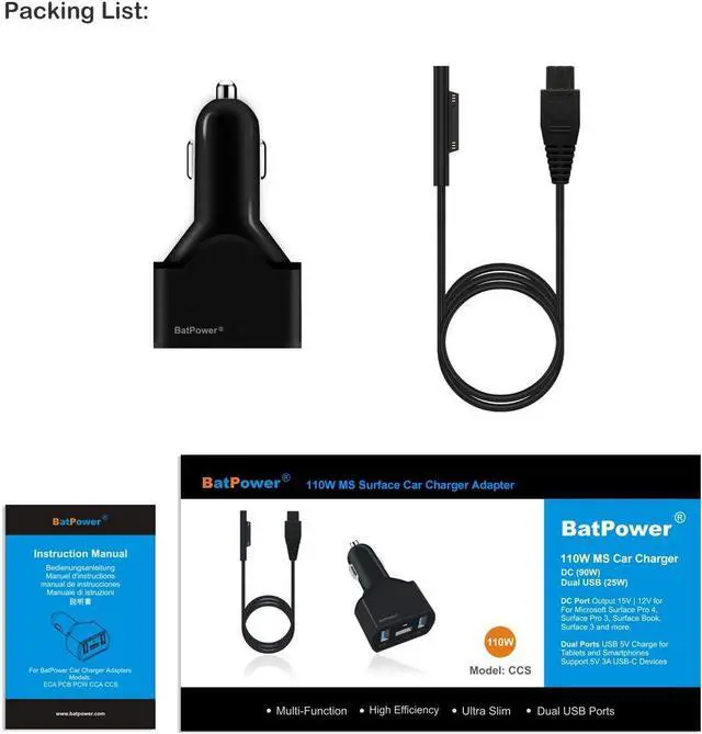 Alt view image 7 of 7 - CCS 110W Surface Laptop Car Charger Compatible with  Surface Book Laptop 4 3 2 1 Surface Pro 8 X 7 6 5 4 3 Go Tablet car Charger Vehicle DC 12v-24v auto Adapter